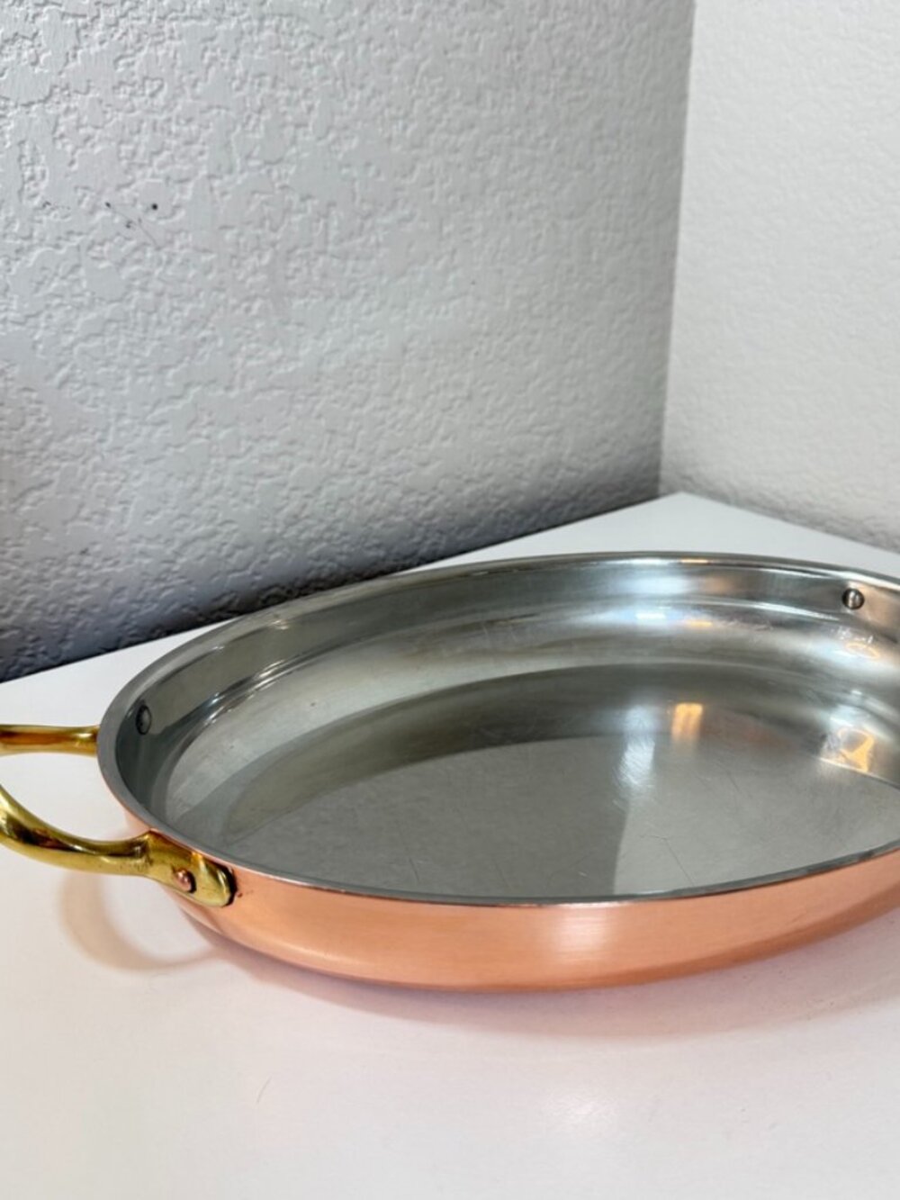 Vintage Tagus Portugal Copper Oval Roasting Pan 12” x 9” Brass Handles *READ*